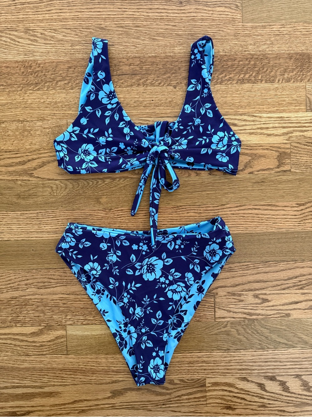 Leni Swims Blue Floral Reversible Bikini Set Tie Front Women's Medium